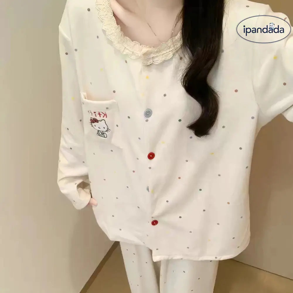 新作 かわいい 猫 ミポイン ト ドット パジャマ 女性 長袖 デロン 部屋着 かわいい 可愛い 保温 春秋 ルームウェア セット ID4367 レディース＞セットアップ