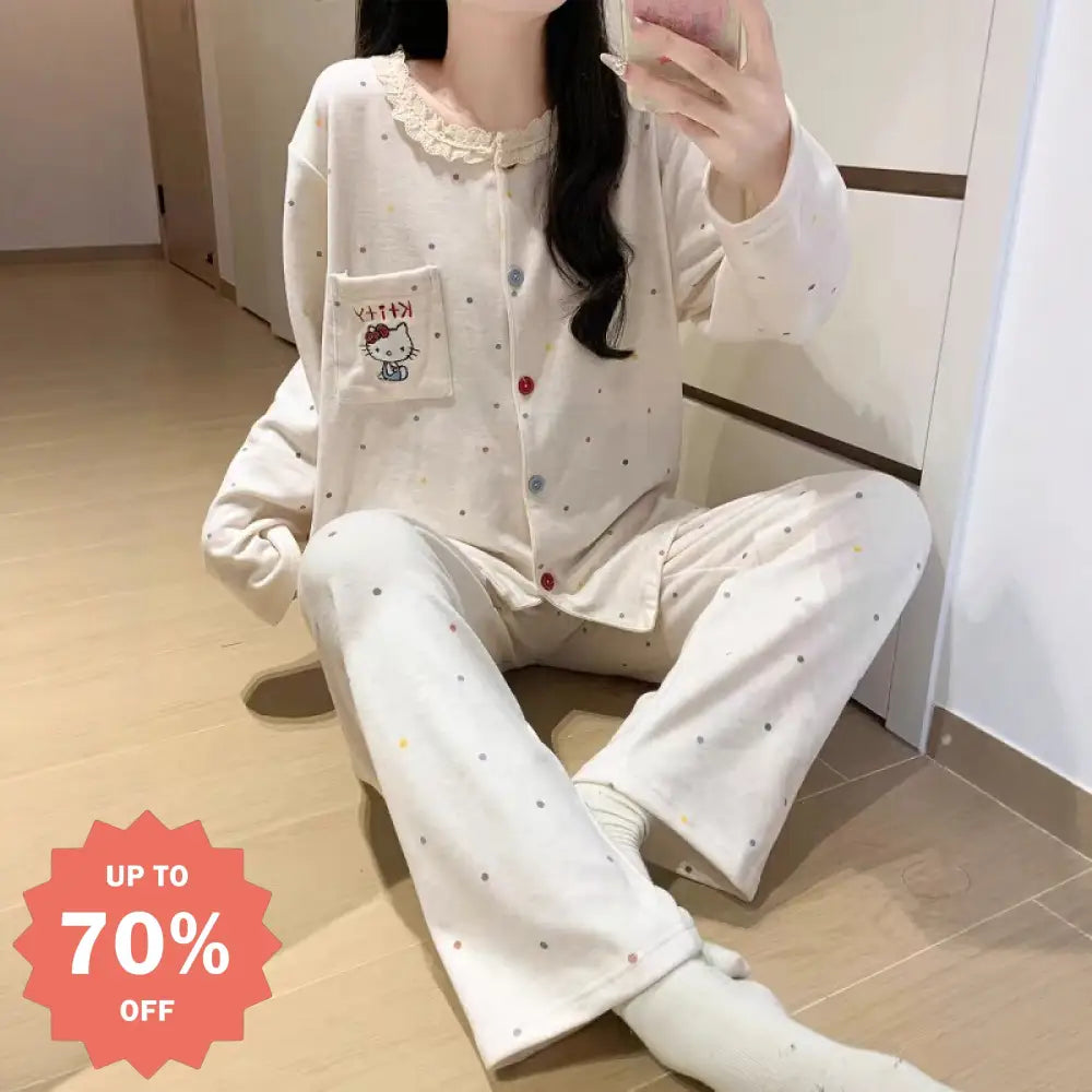 新作 かわいい 猫 ミポイン ト ドット パジャマ 女性 長袖 デロン 部屋着 かわいい 可愛い 保温 春秋 ルームウェア セット ID4367 写真通り / M レディース＞セットアップ