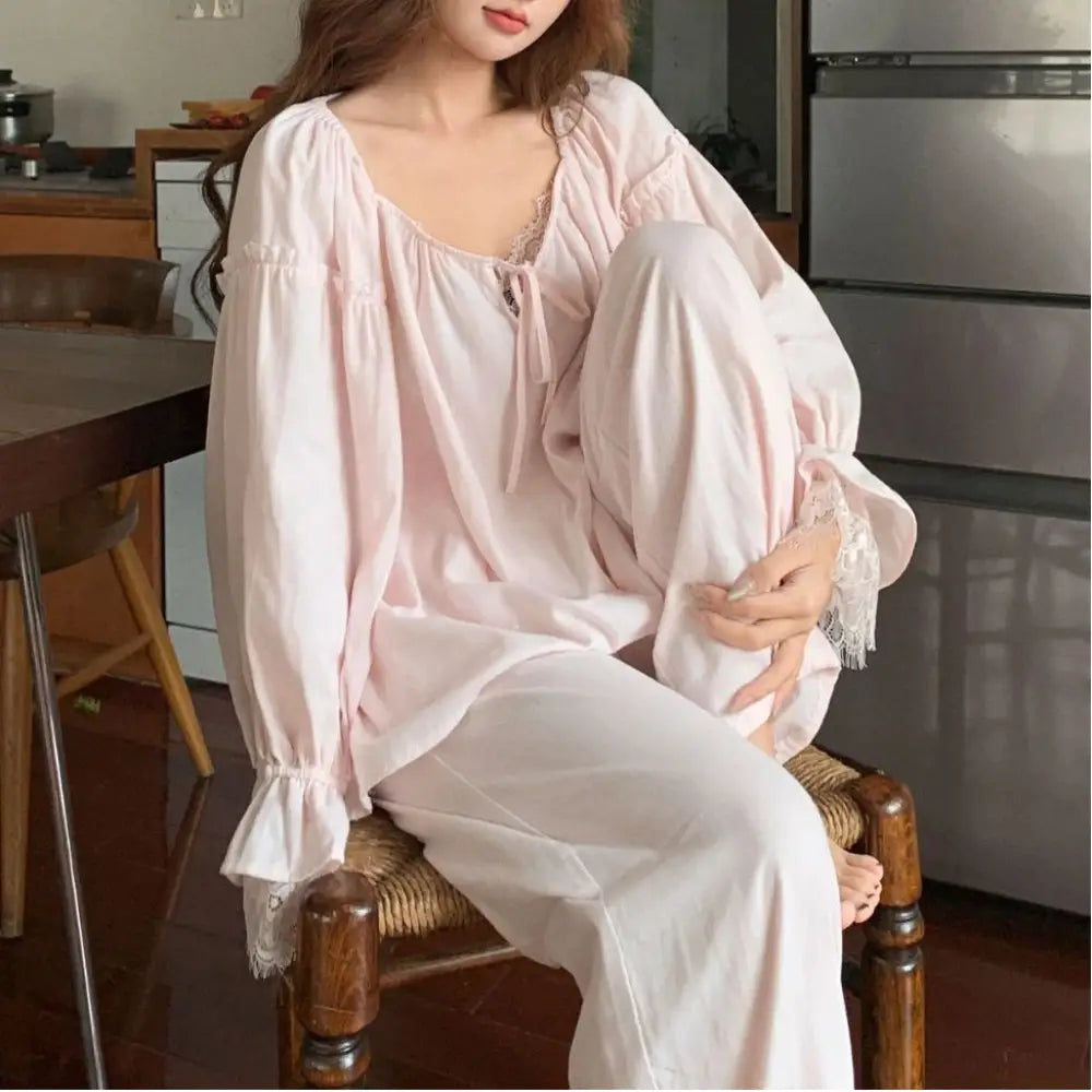 新作 コットン パジャマ 女性用 春 ゆったり フェミニン シンプル 長袖 ロングパンツ ルームウェアセット ID4655 - ピンク / M