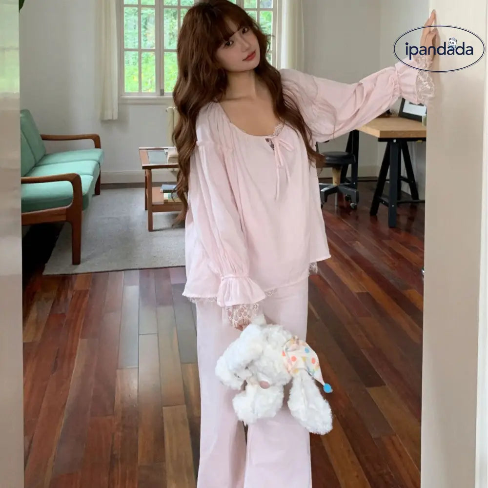 新作 コットン パジャマ 女性用 春 ゆったり フェミニン シンプル 長袖 ロングパンツ ルームウェアセット ID4655