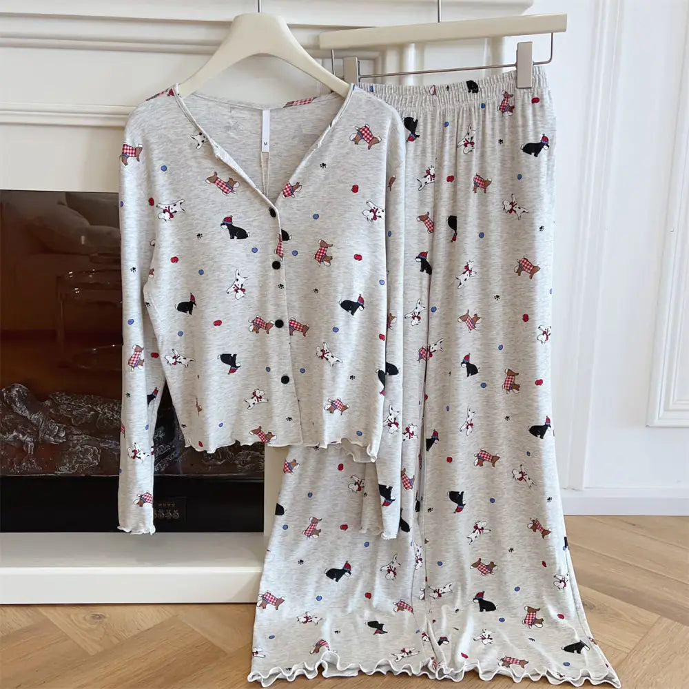 新作 モダール パジャマ セット ノンワイヤー ブラ付き 長袖 長ズボン カードーン 犬 デザイン ルームウェア ホームウェア 女性用 韓国風 セット ゆったり かわいい ID4153 グレー / M レディース＞セットアップ