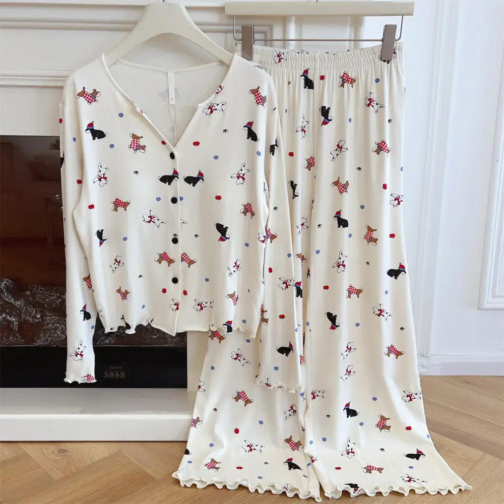 新作 モダール パジャマ セット ノンワイヤー ブラ付き 長袖 長ズボン カードーン 犬 デザイン ルームウェア ホームウェア 女性用 韓国風 セット ゆったり かわいい ID4153 ホワイト / M レディース＞セットアップ
