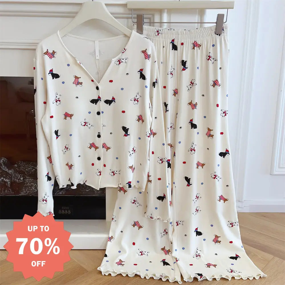 新作 モダール パジャマ セット ノンワイヤー ブラ付き 長袖 長ズボン カードーン 犬 デザイン ルームウェア ホームウェア 女性用 韓国風 セット ゆったり かわいい ID4153 ホワイト / M レディース＞セットアップ