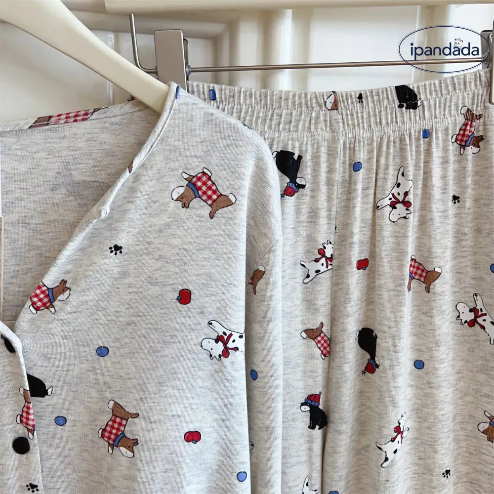 新作 モダール パジャマ セット ノンワイヤー ブラ付き 長袖 長ズボン カードーン 犬 デザイン ルームウェア ホームウェア 女性用 韓国風 セット ゆったり かわいい ID4153 レディース＞セットアップ