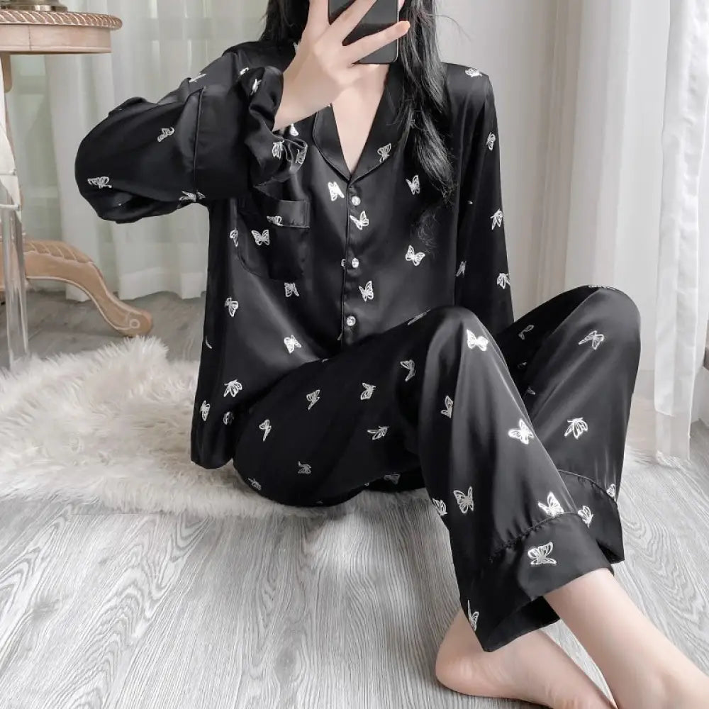 新作 パジャマ レディース 長袖 長ズボン セットアップ 部屋着 上下 セット 寝やすい ゆったり 高級感 カーディガン 薄手 ルームウェア ID4464 ブラック / M レディース＞セットアップ