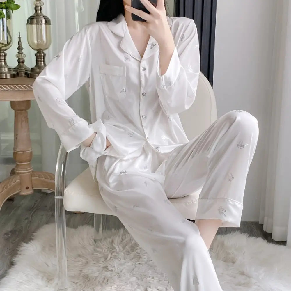 新作 パジャマ レディース 長袖 長ズボン セットアップ 部屋着 上下 セット 寝やすい ゆったり 高級感 カーディガン 薄手 ルームウェア ID4464 ホワイト / M レディース＞セットアップ