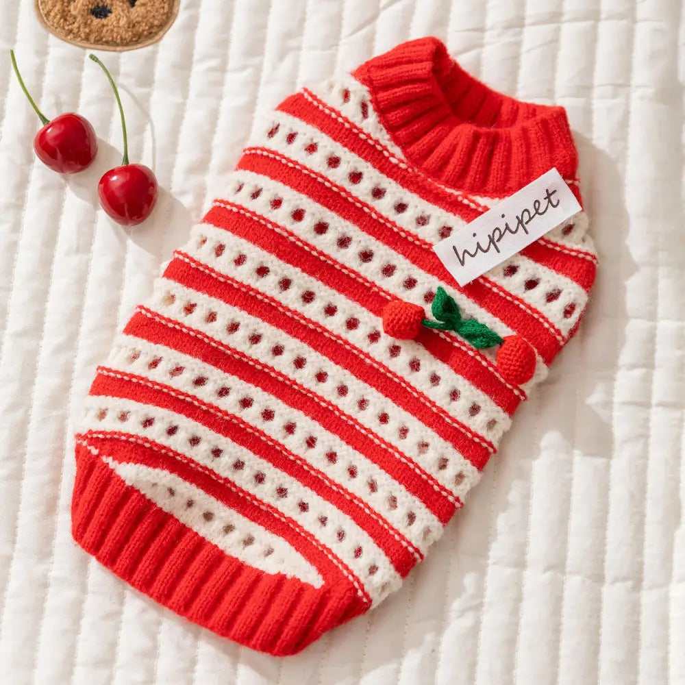 新作 秋冬用 犬服 レース編み 立体チェリー デザイン ペット用セーター 冬用 厚手 保温性あり 中小型犬用 ペット服 ID2250 レッド / XS