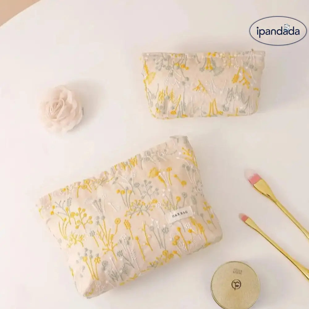 ID1422 新作 ラミーコットン ボタニカル刺繍 メイクポーチ 手持ち スキンケア収納 帆布風 多機能ポケット リップケース付 旅行用 和モダン おしゃれ 軽量コンパクト インテリア雑貨＞ファッション雑貨