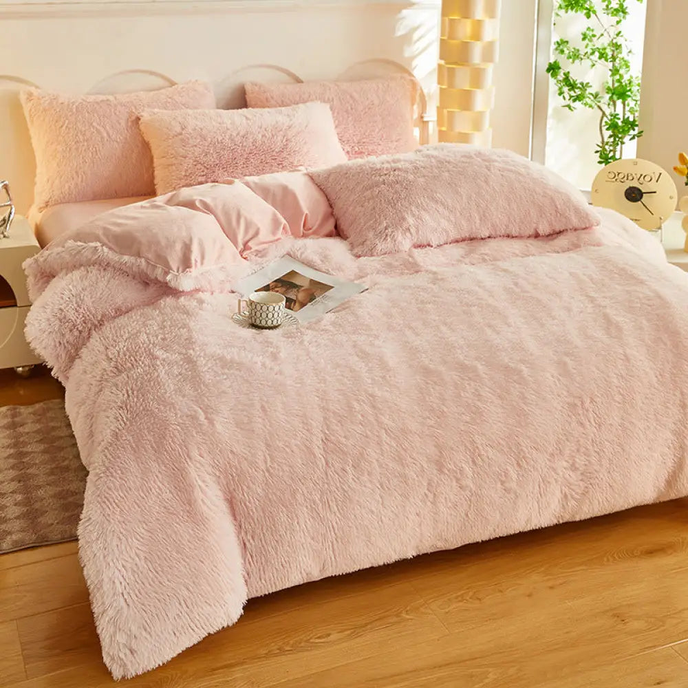 新作 シンプル 無地 ミンク ファー ロングパイル 4点セット 冬 厚手 保温 軽奢 高級感 掛け布団カバー 暖かい 柔らかい 上質 寝室 インテリア 快適 ホテル風 洗える 耐久性 ナチュラル おしゃれ 贅沢 寝室コーデ ID2409