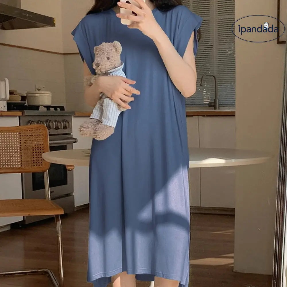ID1757 胸当てパッド付き 涼感スリップドレス 夏用 モダール素材 韓国風 かわいい 半袖 パジャマ 透け防止 薄手 ワンピース 寝巻き 女性用 通販 お得セール中！