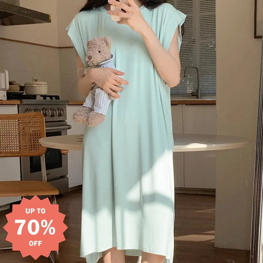 ID1757 胸当てパッド付き 涼感スリップドレス 夏用 モダール素材 韓国風 かわいい 半袖 パジャマ 透け防止 薄手 ワンピース 寝巻き 女性用 通販 お得セール中！
