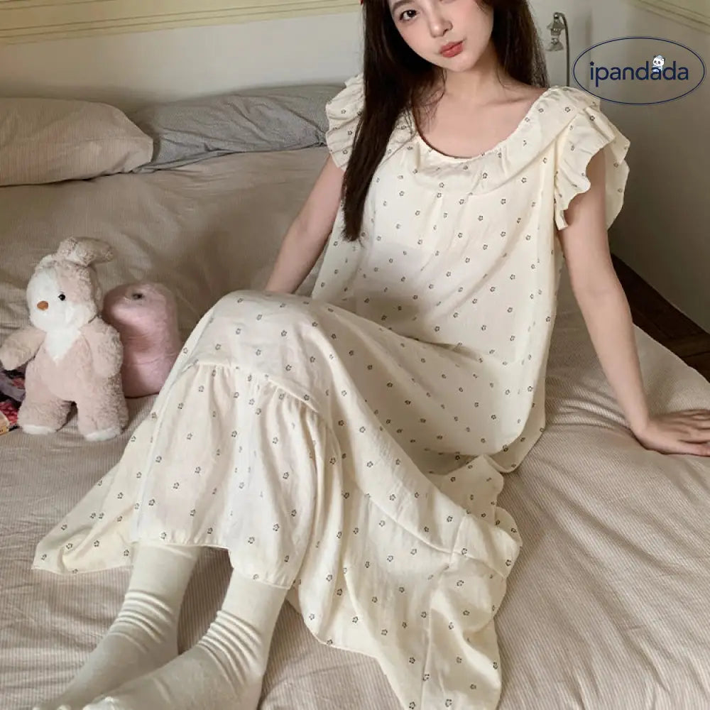 ID1715 胸当てパッド付き 綿 ストラップネグリジェ 小花柄 プチフリル袖 かわいい 家居着 女性用 M～2XLサイズ