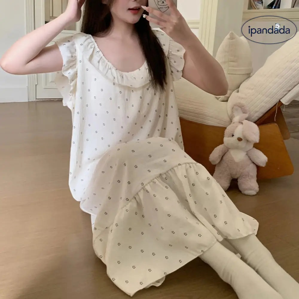 ID1715 胸当てパッド付き 綿 ストラップネグリジェ 小花柄 プチフリル袖 かわいい 家居着 女性用 M～2XLサイズ