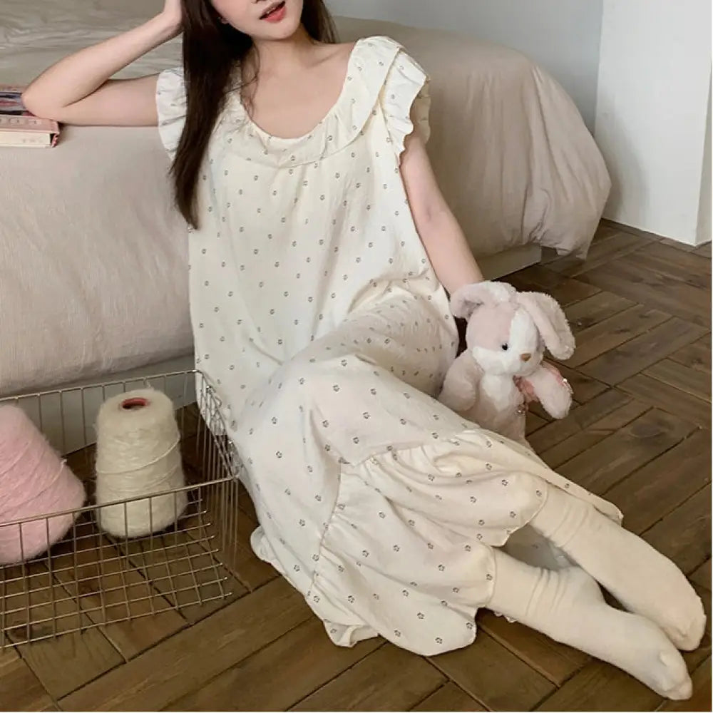 ID1715 胸当てパッド付き 綿 ストラップネグリジェ 小花柄 プチフリル袖 かわいい 家居着 女性用 M～2XLサイズ