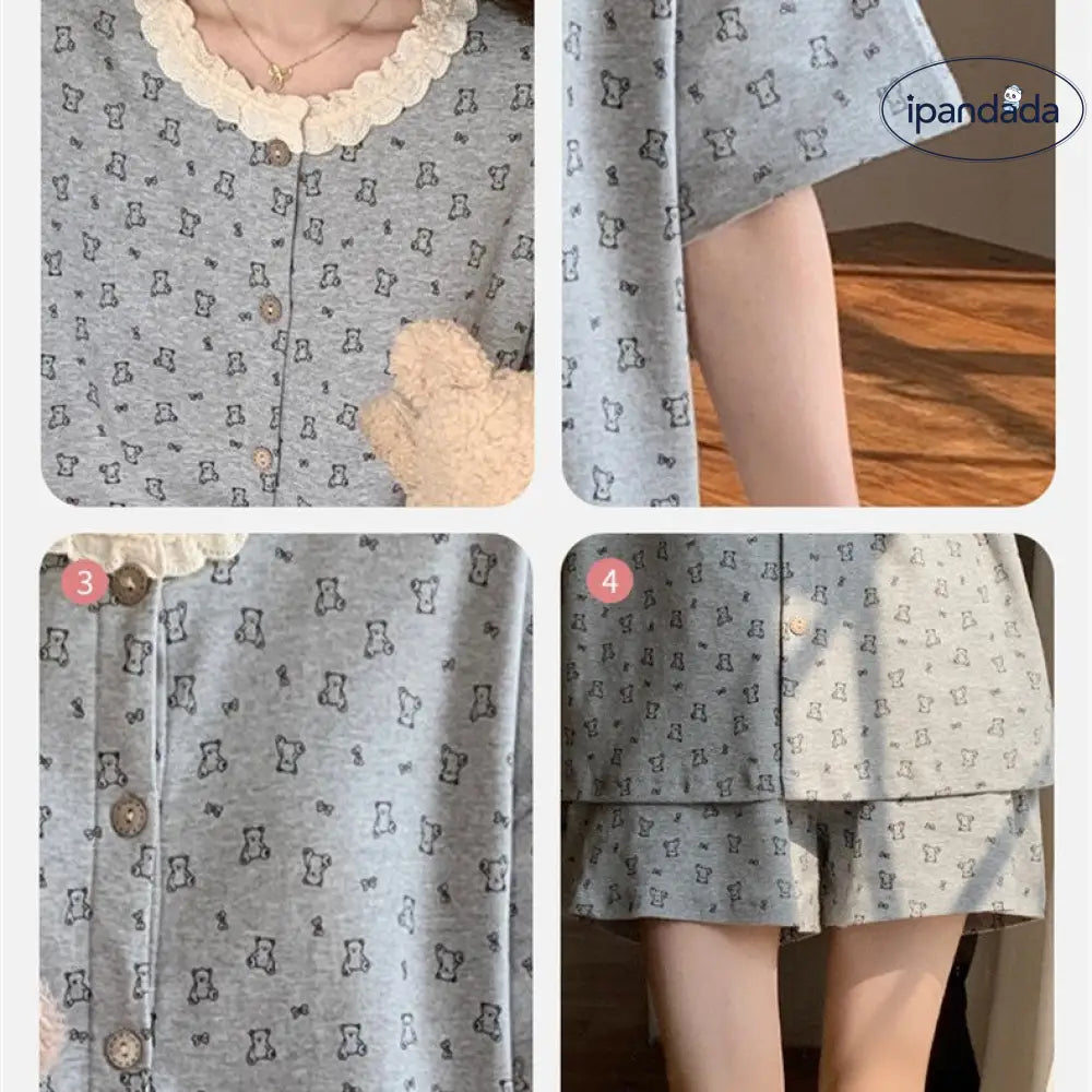 ID1197 胸パッド付き かわいいベアプリント パジャマセット レース付き 半袖 + 半パン 夏用 薄手 通気性 おしゃれ着られる 部屋着 レディース＞セットアップ