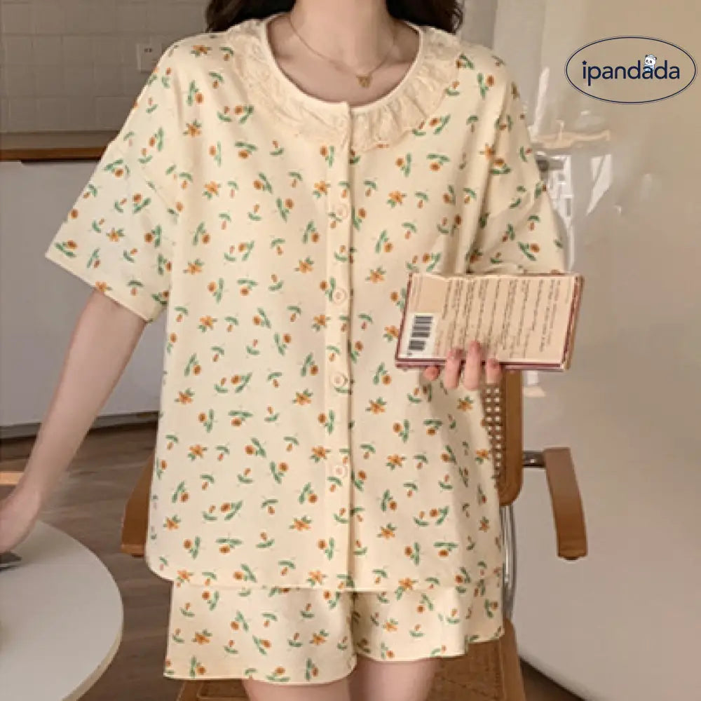 ID1197 胸パッド付き かわいいベアプリント パジャマセット レース付き 半袖 + 半パン 夏用 薄手 通気性 おしゃれ着られる 部屋着 写真通り④ / M レディース＞セットアップ