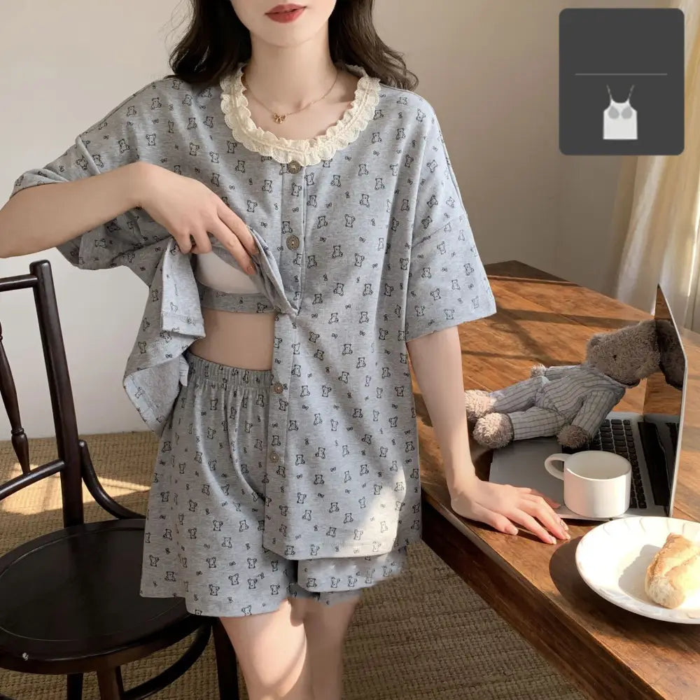 ID1197 胸パッド付き かわいいベアプリント パジャマセット レース付き 半袖 + 半パン 夏用 薄手 通気性 おしゃれ着られる 部屋着 写真通り① / M レディース＞セットアップ