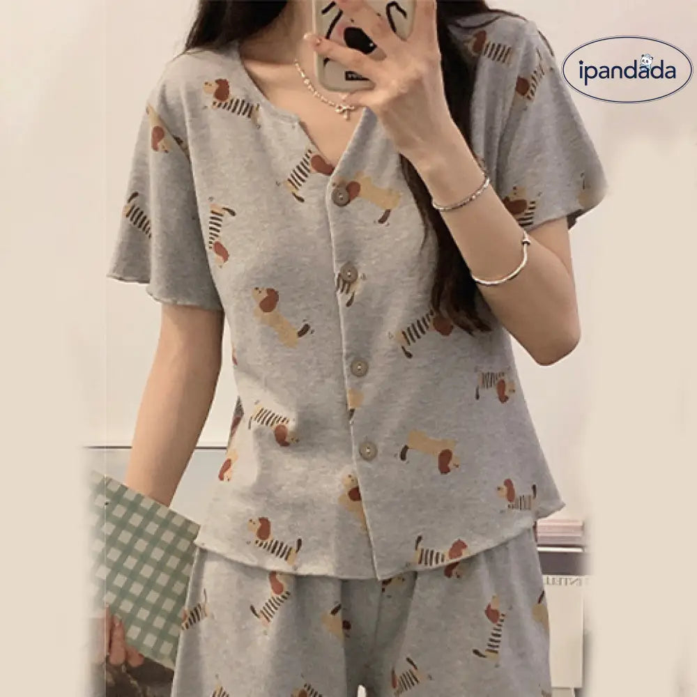 ID1197 胸パッド付き かわいいベアプリント パジャマセット レース付き 半袖 + 半パン 夏用 薄手 通気性 おしゃれ着られる 部屋着 写真通り⑤ / M レディース＞セットアップ