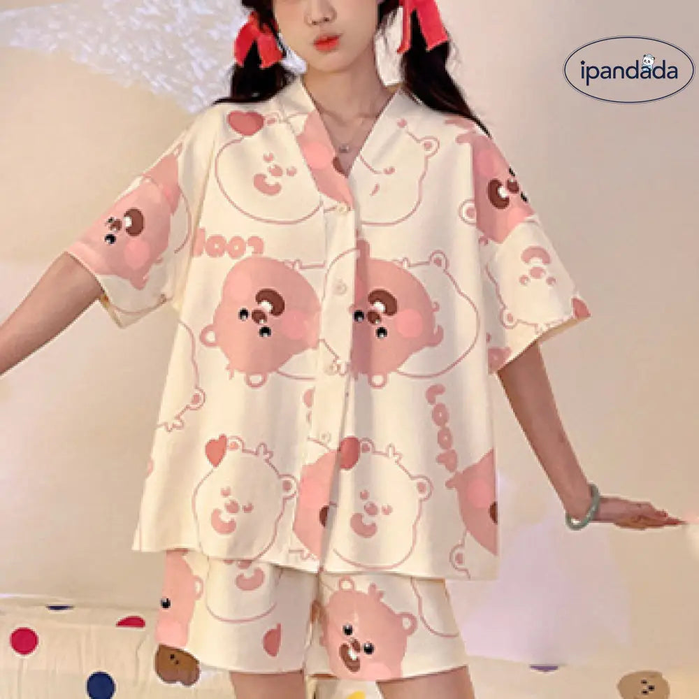 ID1197 胸パッド付き かわいいベアプリント パジャマセット レース付き 半袖 + 半パン 夏用 薄手 通気性 おしゃれ着られる 部屋着 写真通り② / M レディース＞セットアップ