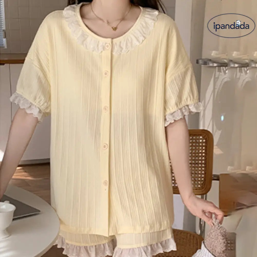 ID1197 胸パッド付き かわいいベアプリント パジャマセット レース付き 半袖 + 半パン 夏用 薄手 通気性 おしゃれ着られる 部屋着 写真通り③ / M レディース＞セットアップ