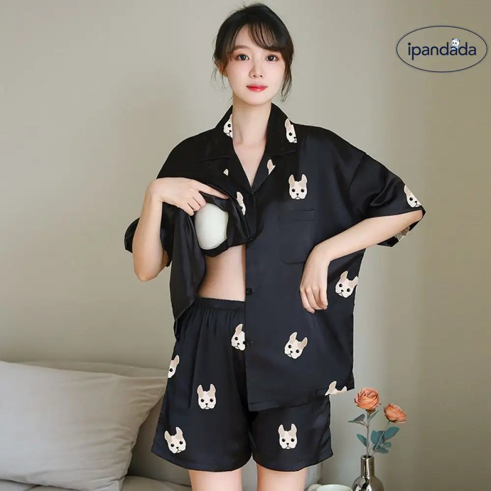 ID1231 胸パッド付き 冷感シルクパジャマ3点セット 半袖トップス + 半パン + ローブ おしゃれ着られる 夏用 通気性 レディース＞セットアップ