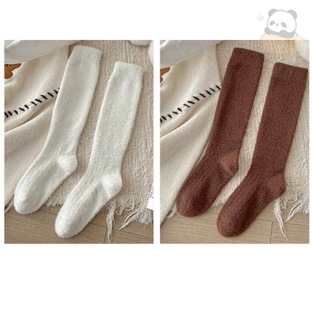 靴下 裏ボア 冷え取り くつした 極厚 美脚 ハイソックス もこもこ ぽかぽか 防寒 冷え対策 レディース かわいい 温活 保温 暖か ホワイト + ブラウン / フリー グッズ＞ソックス