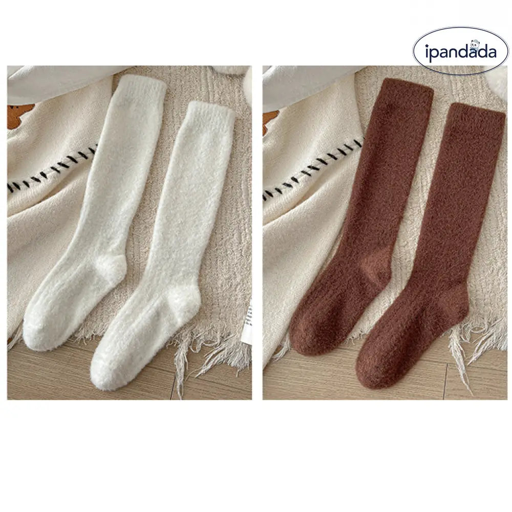 靴下 裏ボア 冷え取り くつした 極厚 美脚 ハイソックス もこもこ ぽかぽか 防寒 冷え対策 レディース かわいい 温活 保温 暖か ホワイト + ブラウン / フリー グッズ＞ソックス