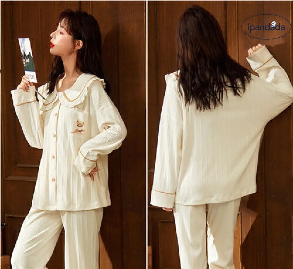 ペア パジャマ 長袖 カップル ペア ルームウェア 結婚祝い プレゼント  秋冬 ギフト 上下 セット 部屋着 ペアルック おそろい  メンズ 秋 記念日 前開き クマ ベージュ ID2235