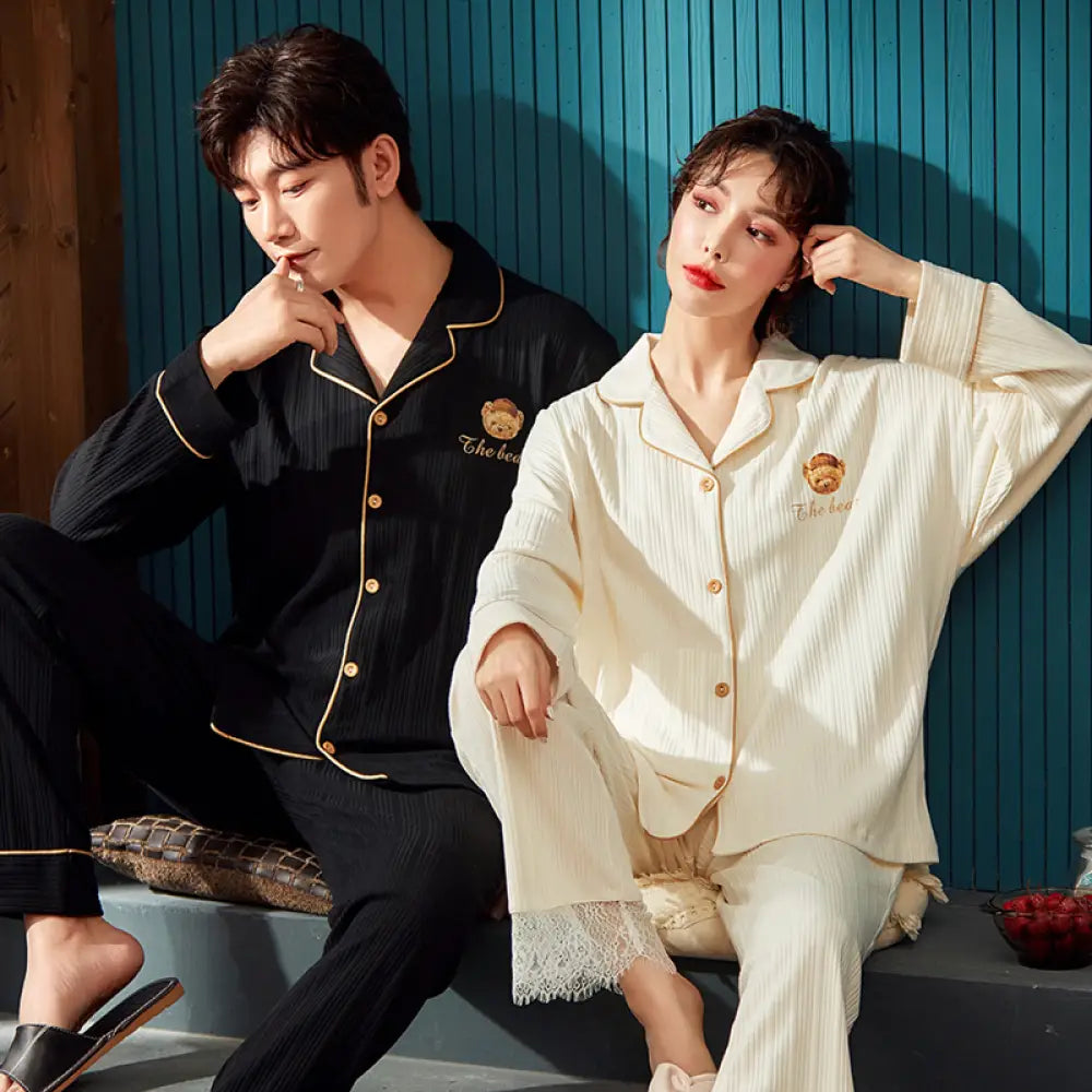 ペア パジャマ 長袖 カップル ペア ルームウェア 結婚祝い プレゼント 秋冬 ギフト 上下 セット 部屋着 ペアルック おそろい メンズ 秋 記念日 前開き クマ ベージュ ID2235 タイプ⑤ / レディースＭ カップル>セットアップ