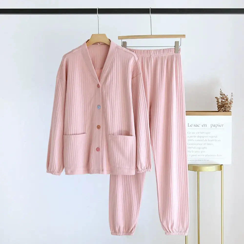 異なる色のバックル ルームウェア カーディガン パンツ 部屋着 レディース シンプル ナイトウェア セットアップ パジャマ 大人 おしゃれ かわいい ピンク / M レディース＞セットアップ