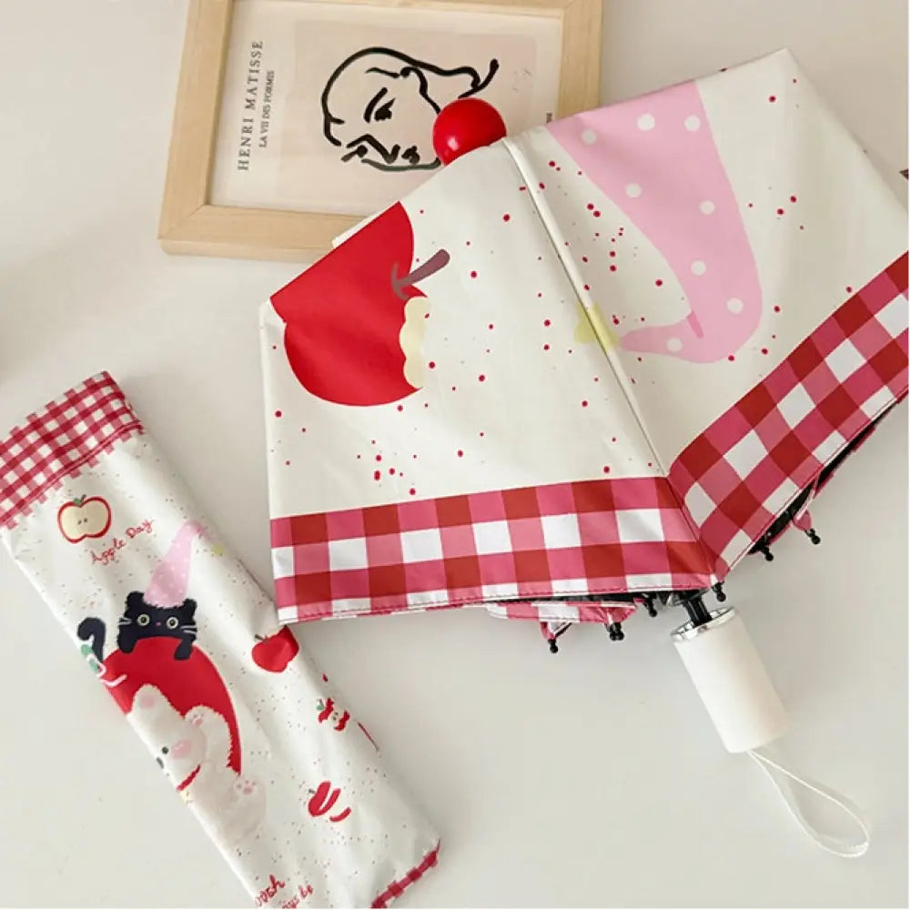 ID1436 雨傘 レディース 晴雨兼用 日傘 ブラックコーティング 紫外線防止 折りたたみ自動開閉 日焼け防止 手開き傘(レッドキャップ付き) インテリア雑貨＞ファッション雑貨