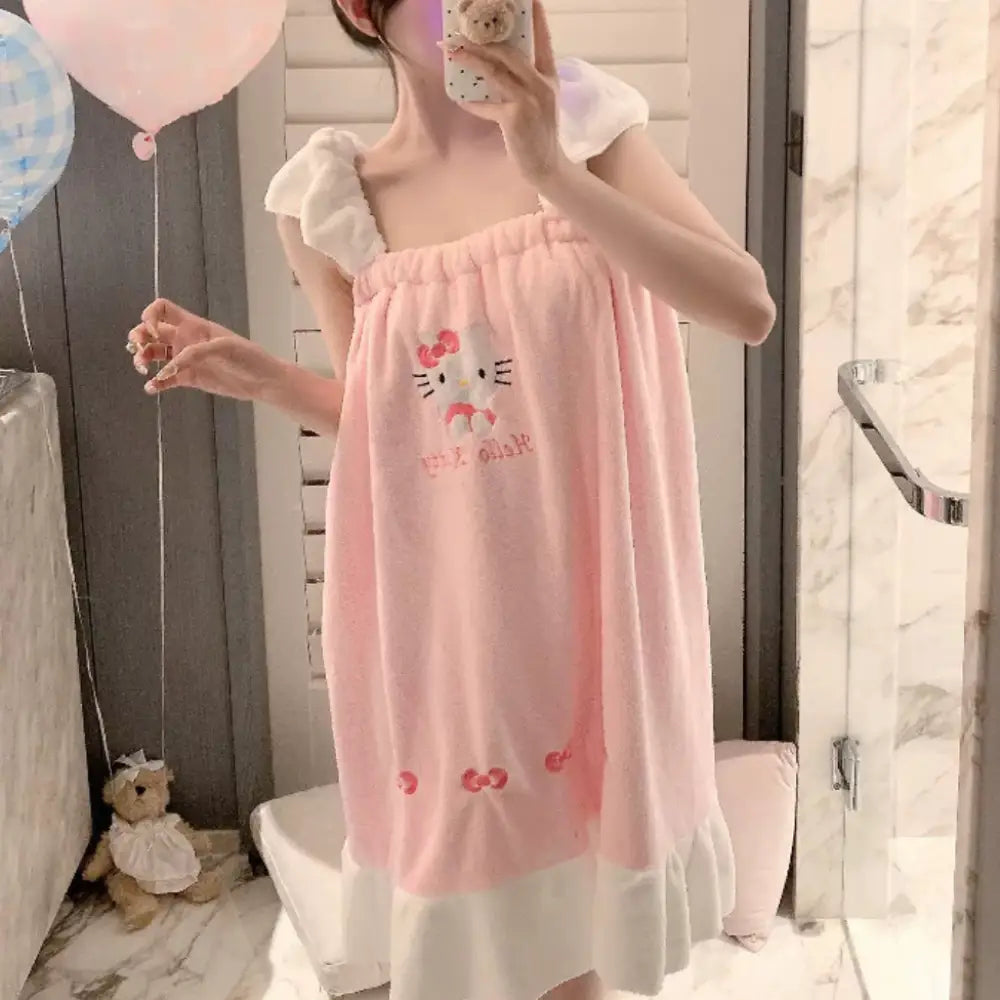 インスタ かわいい ストラップ バスドレス レディース ジャパニーズ ハローキティ 両肩ストラップ フリース バスタオル 入浴 バスローブ ふわふわ 柔らかい 吸水 快適 おしゃれ 自宅用 ガウン 軽量 プレーン キュート デザイン