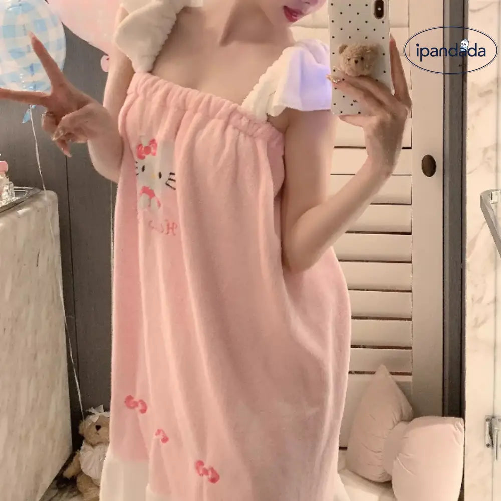 インスタ かわいい ストラップ バスドレス レディース ジャパニーズ ハローキティ 両肩ストラップ フリース バスタオル 入浴 バスローブ ふわふわ 柔らかい 吸水 快適 おしゃれ 自宅用 ガウン 軽量 プレーン キュート デザイン レディース用 ID2194
