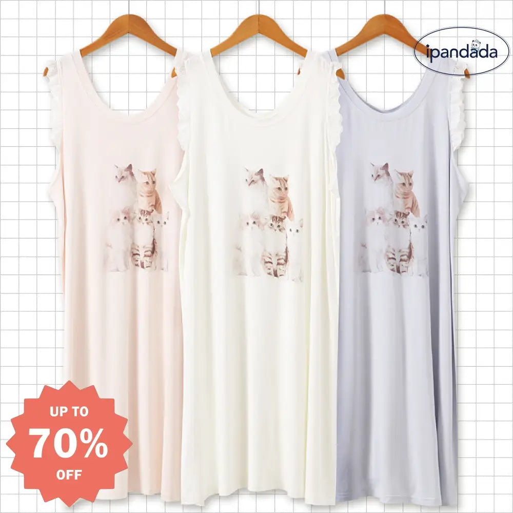 ID1519 ゆったり 大きいサイズ 5匹の猫 かわいい モダール 薄手 レース付き タンクトップ ワンピース パジャマ レディース ホームウェア