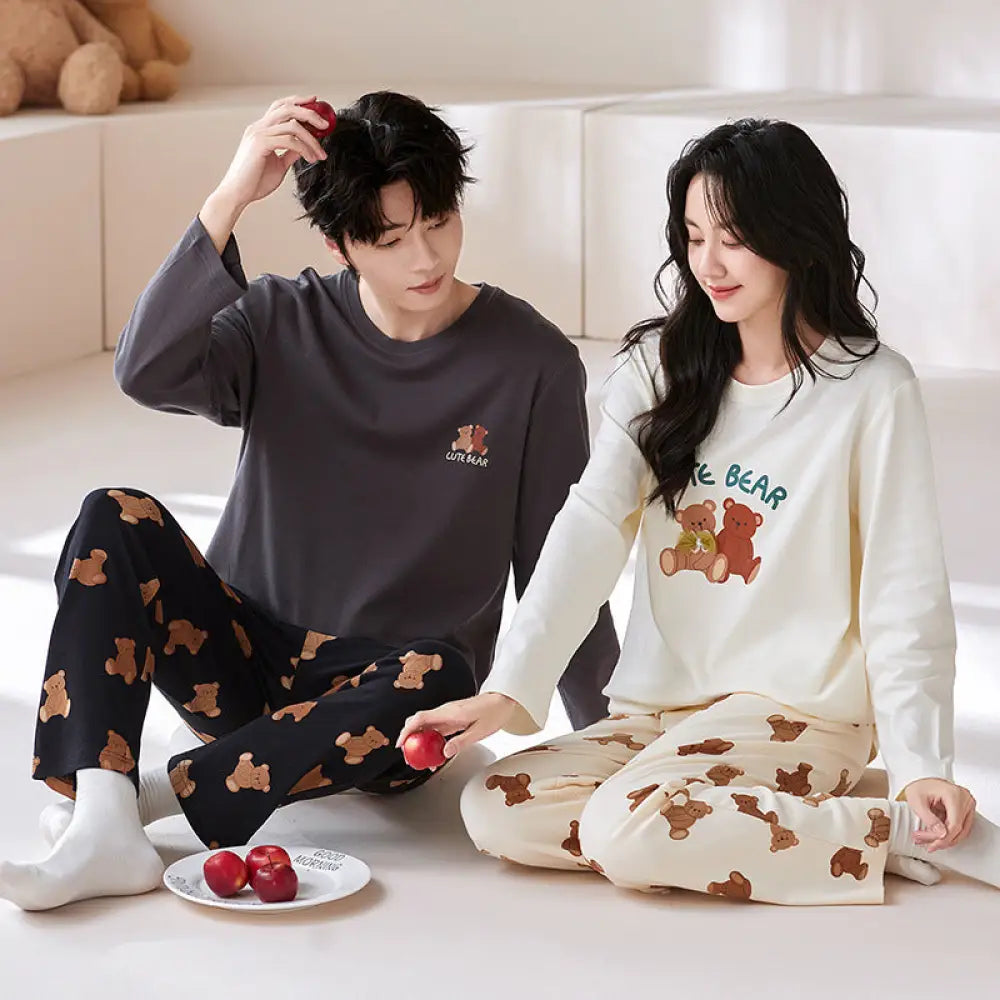 全棉 カップル 長袖 長ズボン プルオーバー パジャマ 綿100％ 長袖 外出可能 ルームウェア 高品質 ID2566 写真通り / レディースＭ
