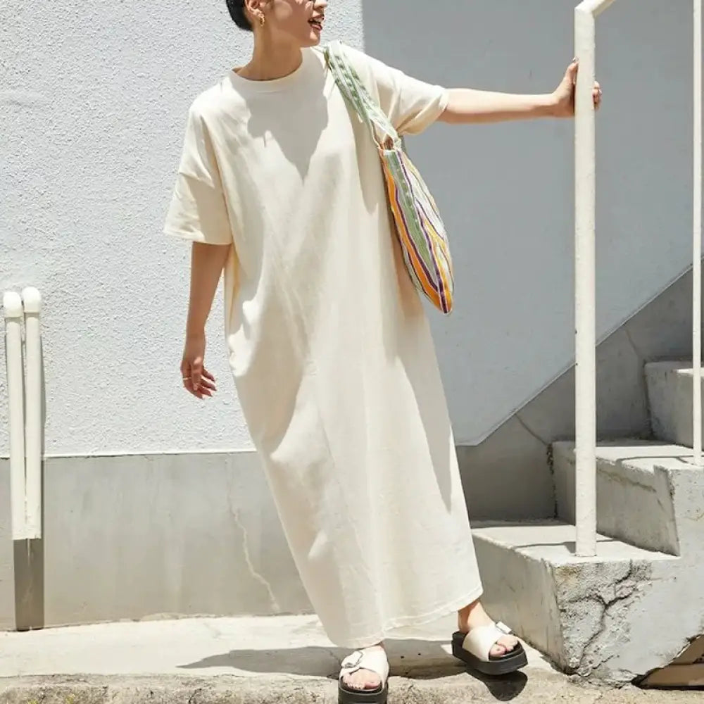 ID1709 ゆったり 綿 ワンピース マタニティ対応 丸首 ノースリーブ 薄手 通気性抜群 女性用 Lサイズまで 7色展開 ベージュ / M 外出着>ワンピース