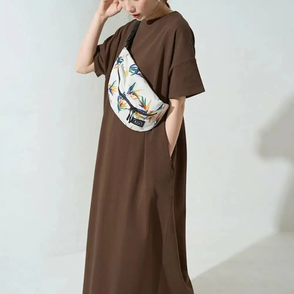 ID1709 ゆったり 綿 ワンピース マタニティ対応 丸首 ノースリーブ 薄手 通気性抜群 女性用 Lサイズまで 7色展開 ブラウン / M 外出着>ワンピース