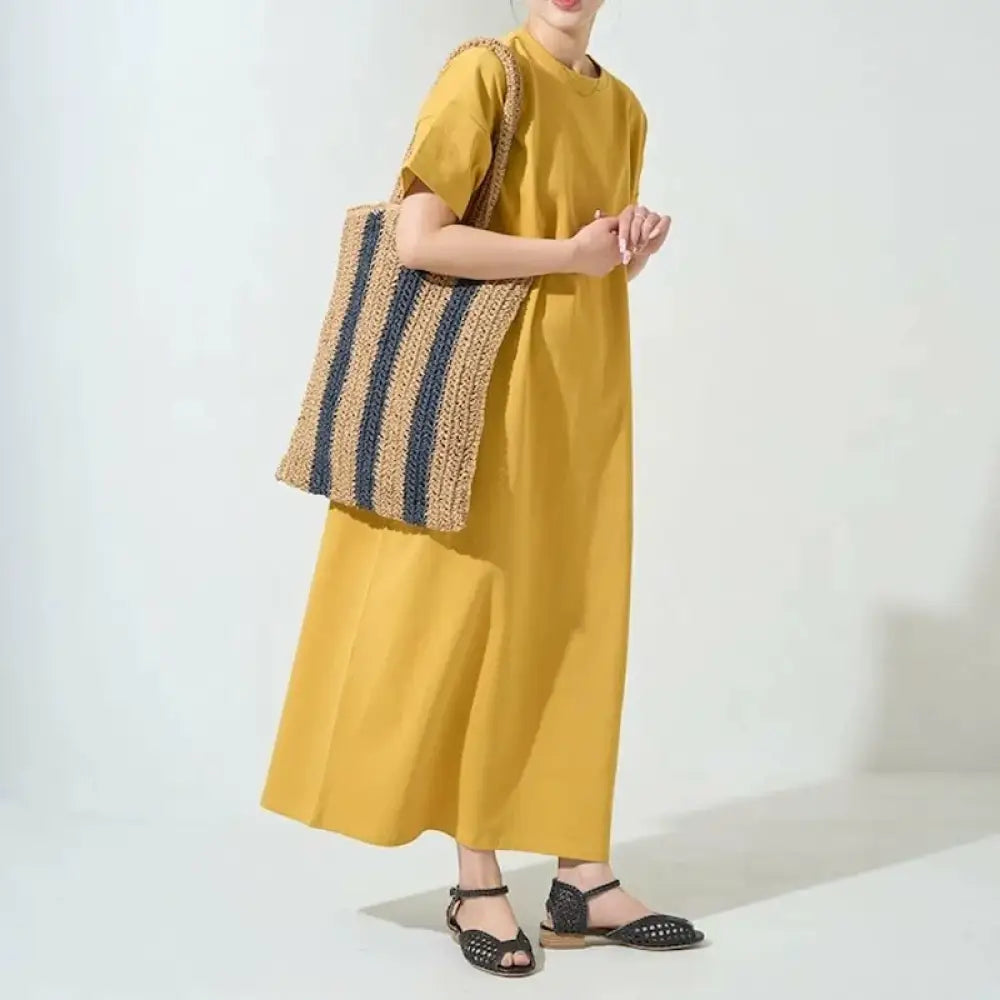 ID1709 ゆったり 綿 ワンピース マタニティ対応 丸首 ノースリーブ 薄手 通気性抜群 女性用 Lサイズまで 7色展開 イエロー / M 外出着>ワンピース