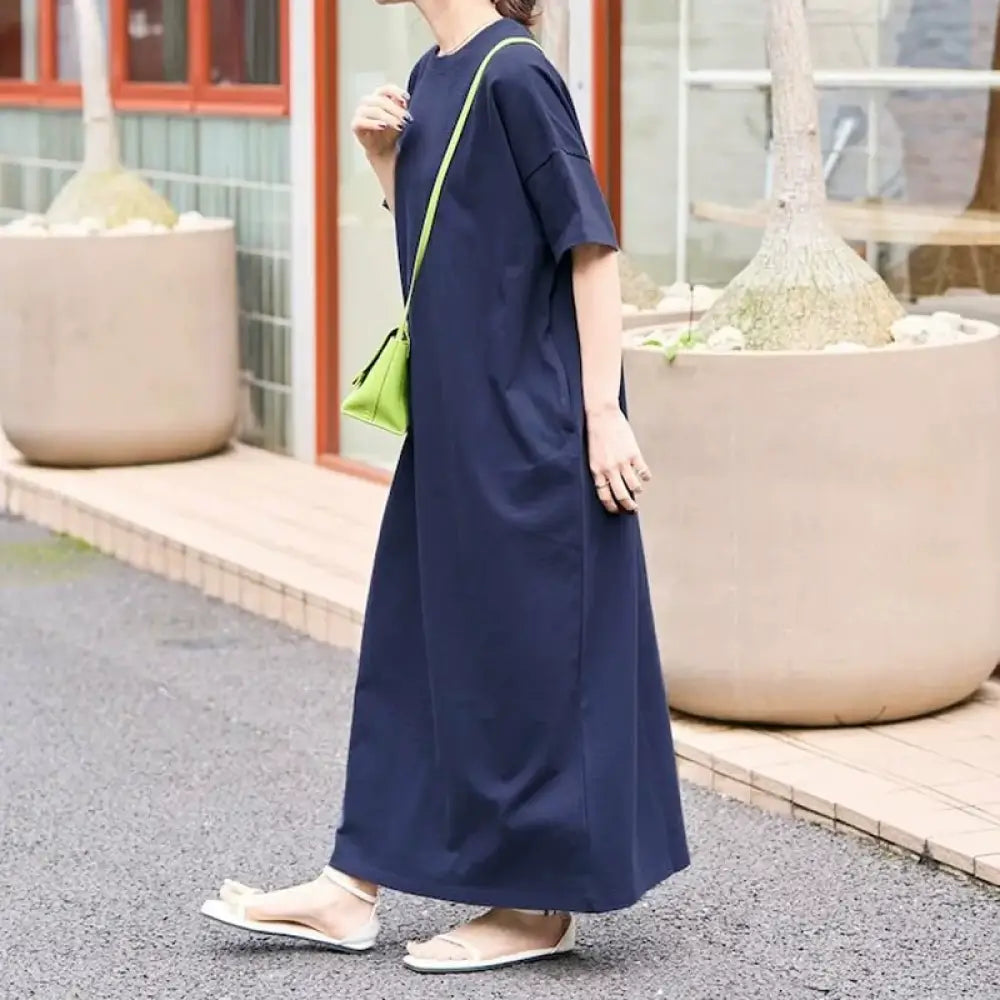 ID1709 ゆったり 綿 ワンピース マタニティ対応 丸首 ノースリーブ 薄手 通気性抜群 女性用 Lサイズまで 7色展開 ネイビー / M 外出着>ワンピース