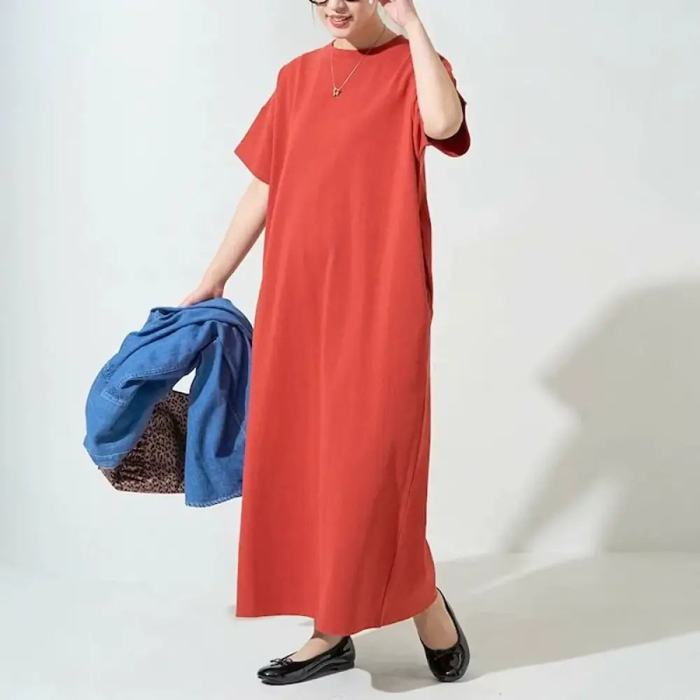 ID1709 ゆったり 綿 ワンピース マタニティ対応 丸首 ノースリーブ 薄手 通気性抜群 女性用 Lサイズまで 7色展開 レッド / M 外出着>ワンピース