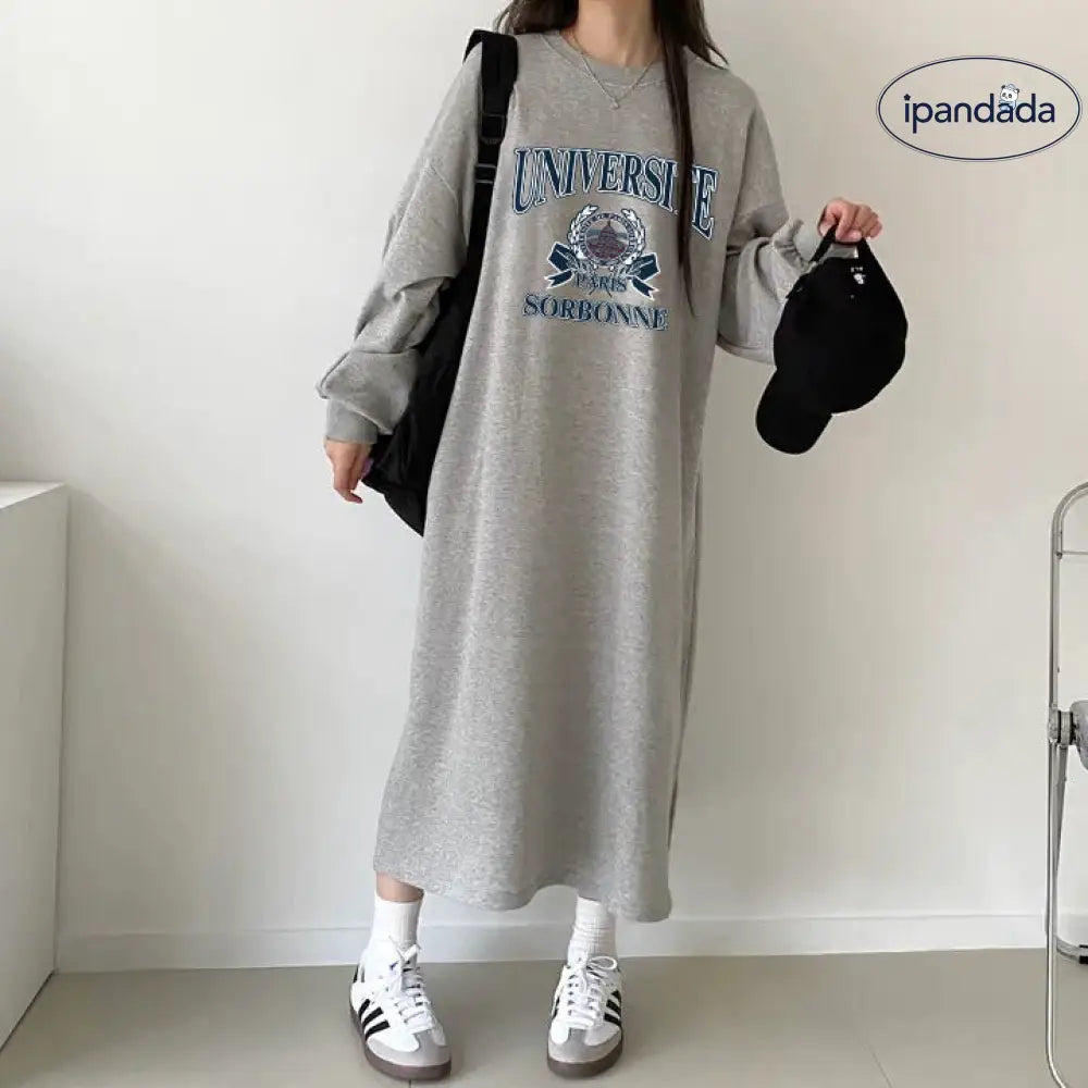 ゆったり シルエット アルファベット 長袖 ロングTシャツワンピース レディース  フリース 秋冬 休闲 ワンピース ID2277