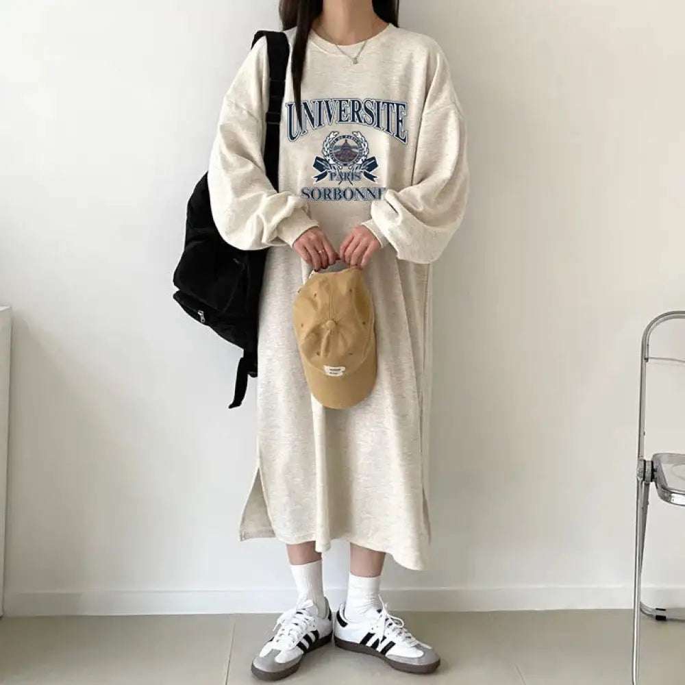 ゆったり シルエット アルファベット 長袖 ロングTシャツワンピース レディース  フリース 秋冬 休闲 ワンピース ID2277