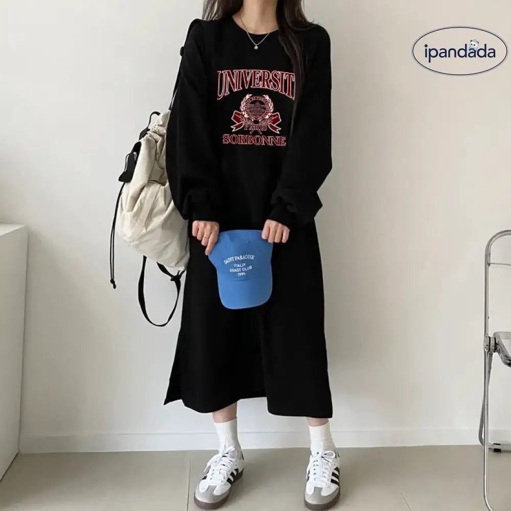 ゆったり シルエット アルファベット 長袖 ロングTシャツワンピース レディース  フリース 秋冬 休闲 ワンピース ID2277