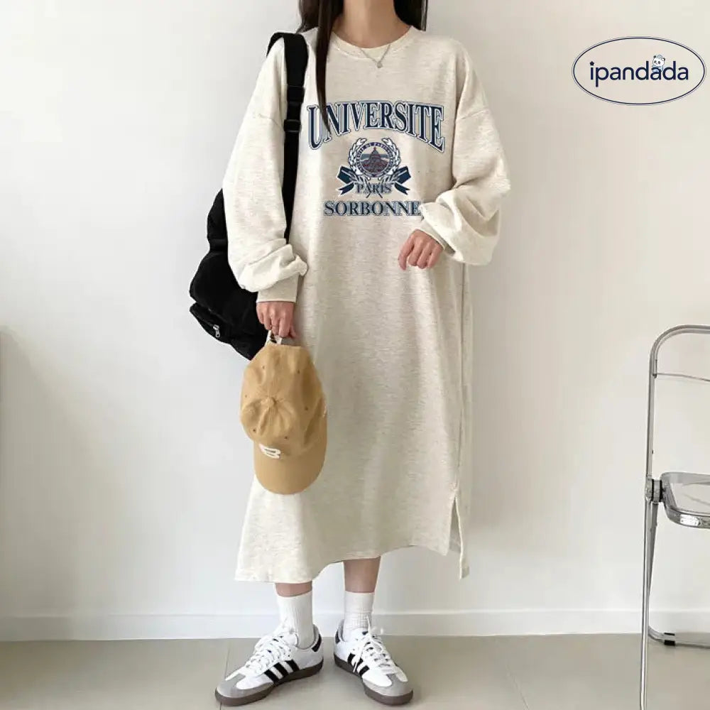 ゆったり シルエット アルファベット 長袖 ロングTシャツワンピース レディース  フリース 秋冬 休闲 ワンピース ID2277