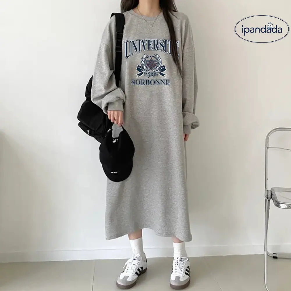 ゆったり シルエット アルファベット 長袖 ロングTシャツワンピース レディース  フリース 秋冬 休闲 ワンピース ID2277