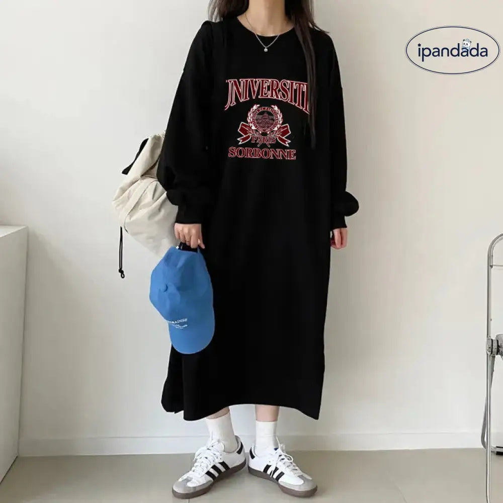 ゆったり シルエット アルファベット 長袖 ロングTシャツワンピース レディース  フリース 秋冬 休闲 ワンピース ID2277