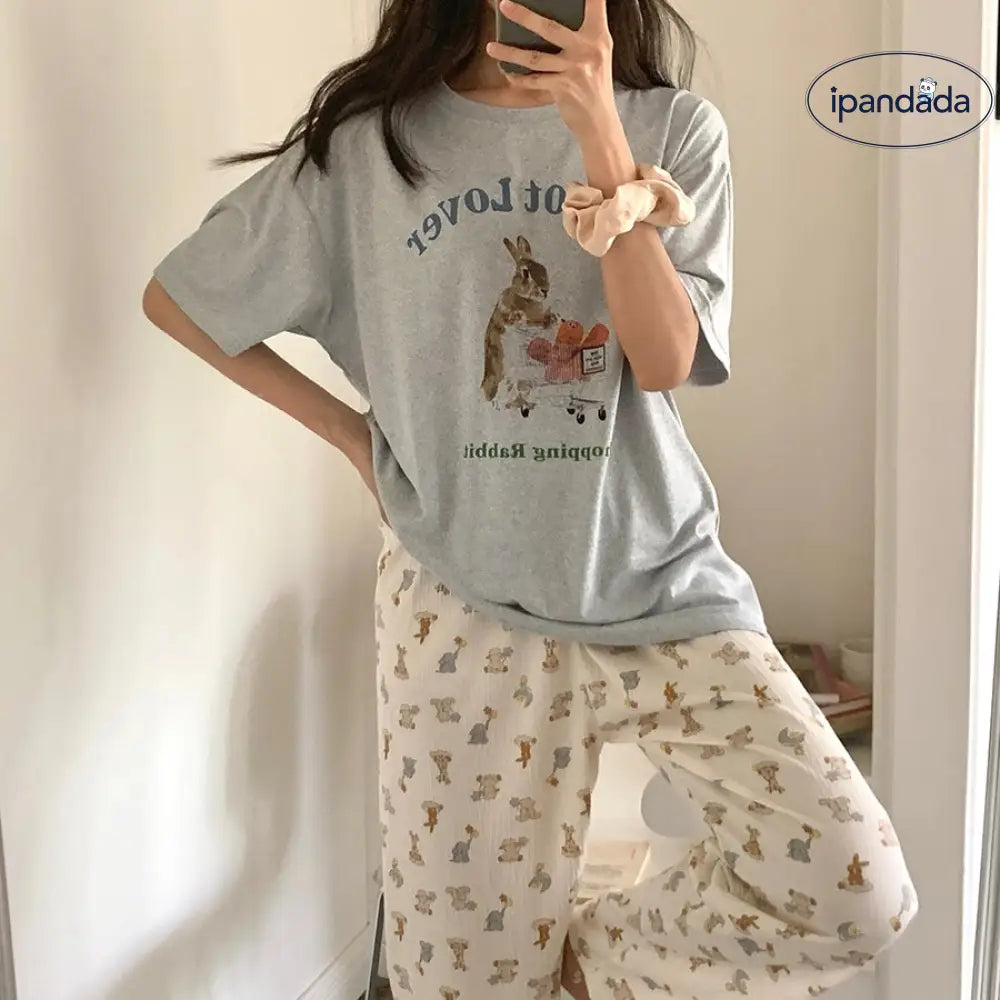 ID1537 うさぎモチーフ 学生用 パジャマセット レディース 半袖＆ロングパンツ お出かけ兼用 接触冷感 吸汗速乾 洗濯機OK 抗菌防臭 サイズ展開