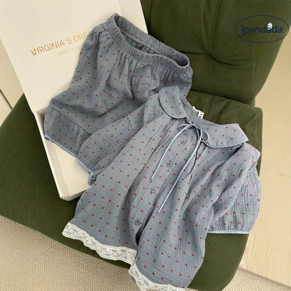 ID1829 ゆったりとした 快適な ドールカラー レース付き 半袖 ショートパンツ カジュアルで可愛い ルームウェア セット 甘くてふわふわ ブルー / M レディース>セットアップ