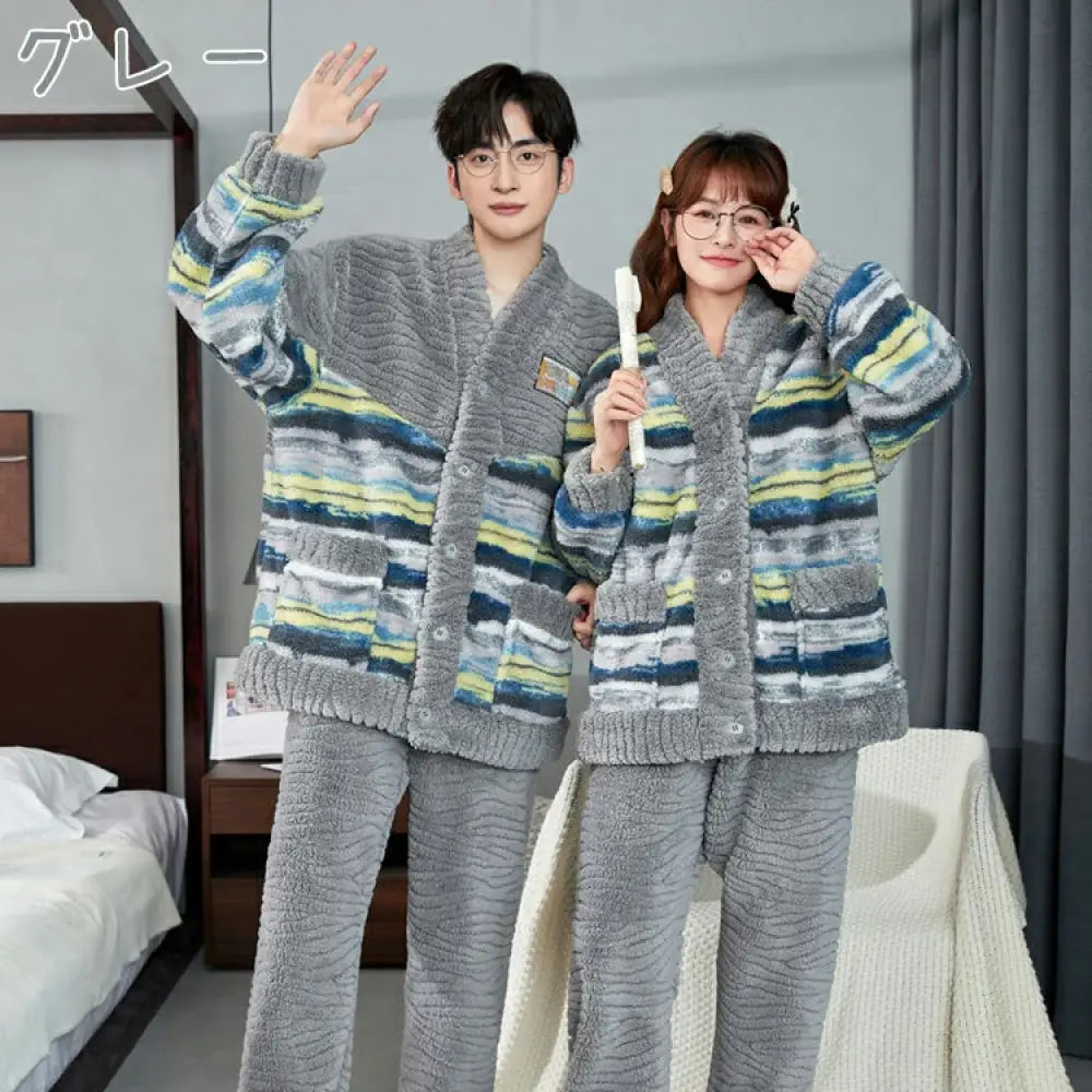 カップル ペア パジャマ モコモコパジャマ お揃い 冬 ルームウェア レディース 虹色 上下セット 男女お揃い メンズ 大きいサイズ 裏起毛 厚手 部屋着 フリース 大人用 前開き 羽織り ペアルック おしゃれ 寝間着 出かける 可愛い