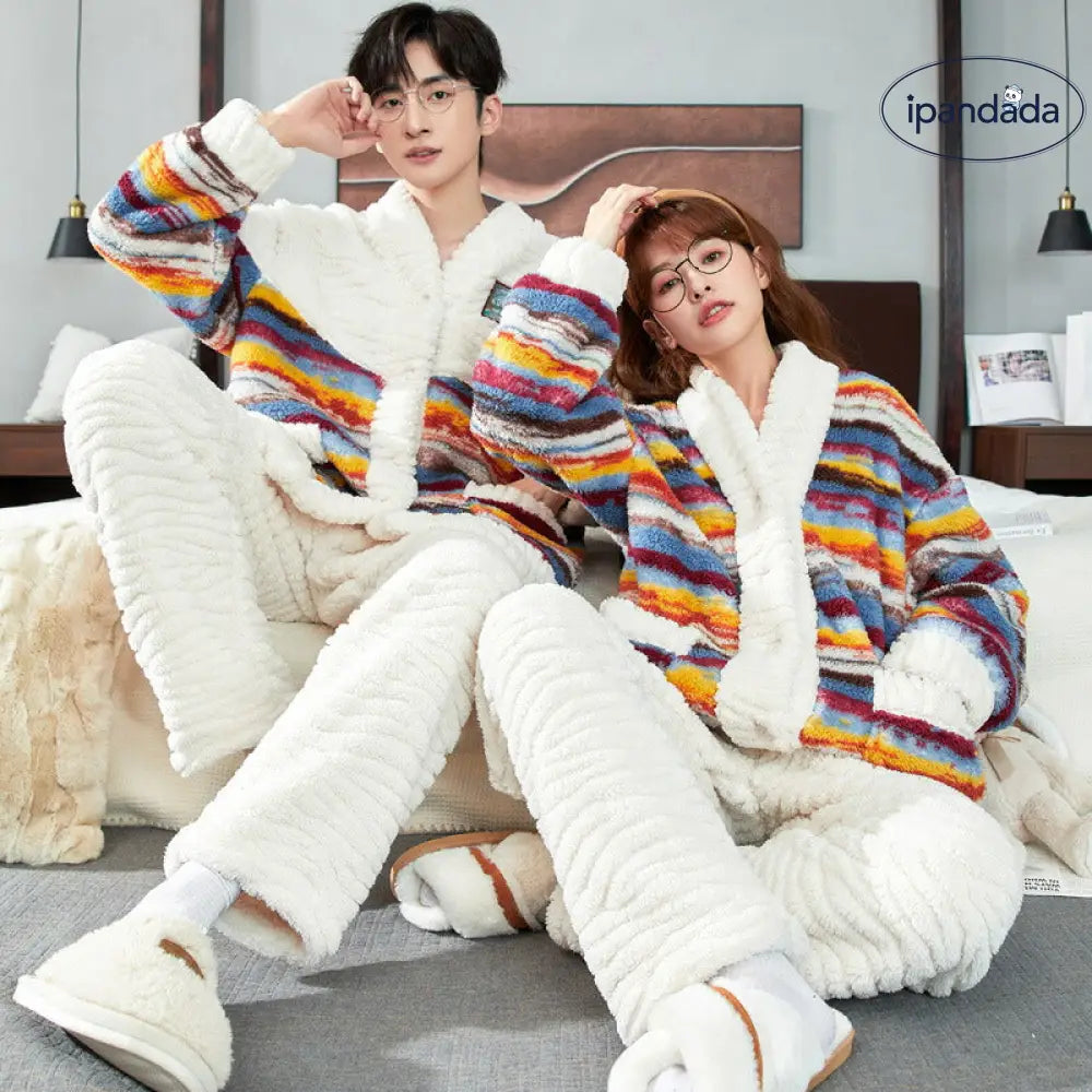 カップル ペア パジャマ モコモコパジャマ お揃い 冬 ルームウェア レディース 虹色 上下セット 男女お揃い メンズ 大きいサイズ 裏起毛 厚手 部屋着 フリース 大人用 前開き 羽織り ペアルック おしゃれ 寝間着 出かける 可愛い